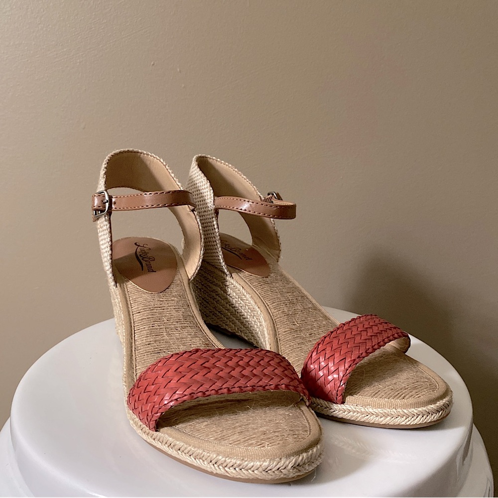 LUCKY BRAND KAVELLI WOVEN ESPADRILLES SANDALS WEDGE HEEL OPEN TOE Tan Red 9.5